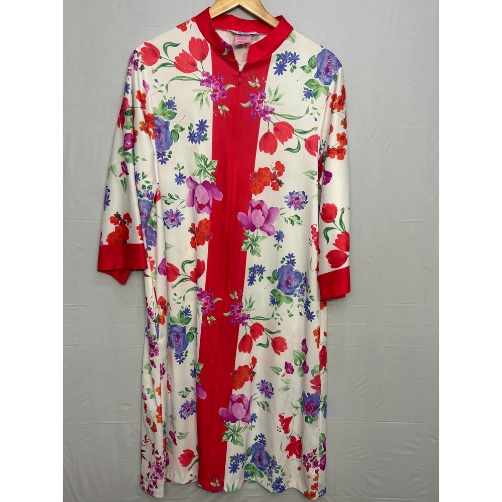 Evelyn Pearson Go-Goat Robe Womens Red White Floral Kimono Sleeve L Vintage‎ 90s